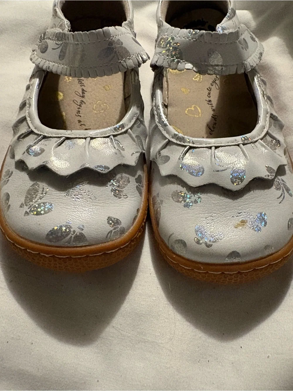Livie & Luca White Mary Jane Shoes with Silver Holographic Butterflies